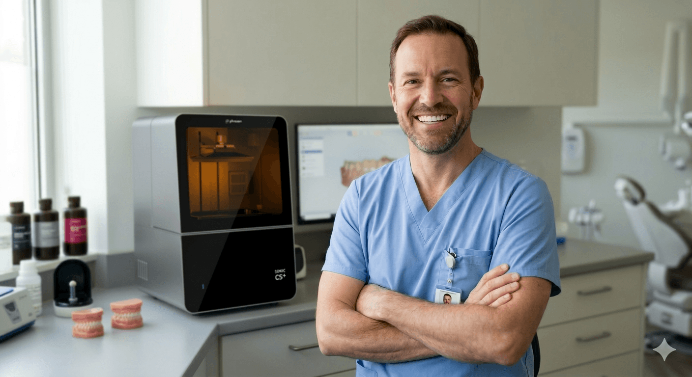 Dentiste utilisant une imprimante 3D Phrozen CS+ dans son cabinet
